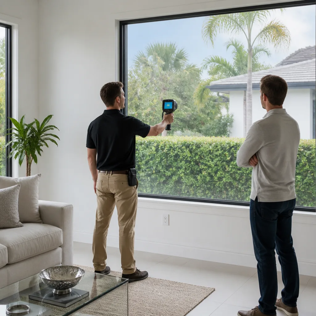 Technician using thermal camera to inspect energy-efficient home windows in Coral Springs, FL