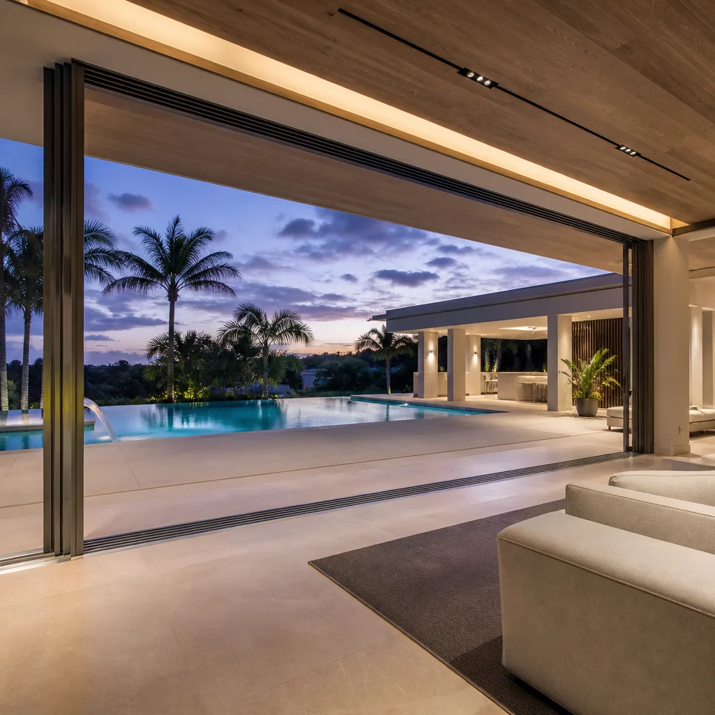 Luxury indoor-outdoor living room with expansive sliding glass patio doors in Margate, FL